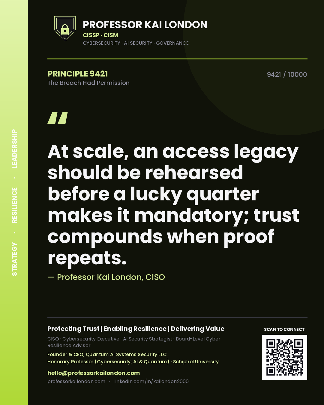 Professor Kai London principle 9421: At scale, an access legacy should be rehearsed before a lucky quarter makes it mandatory; trust compounds when proof repeats.