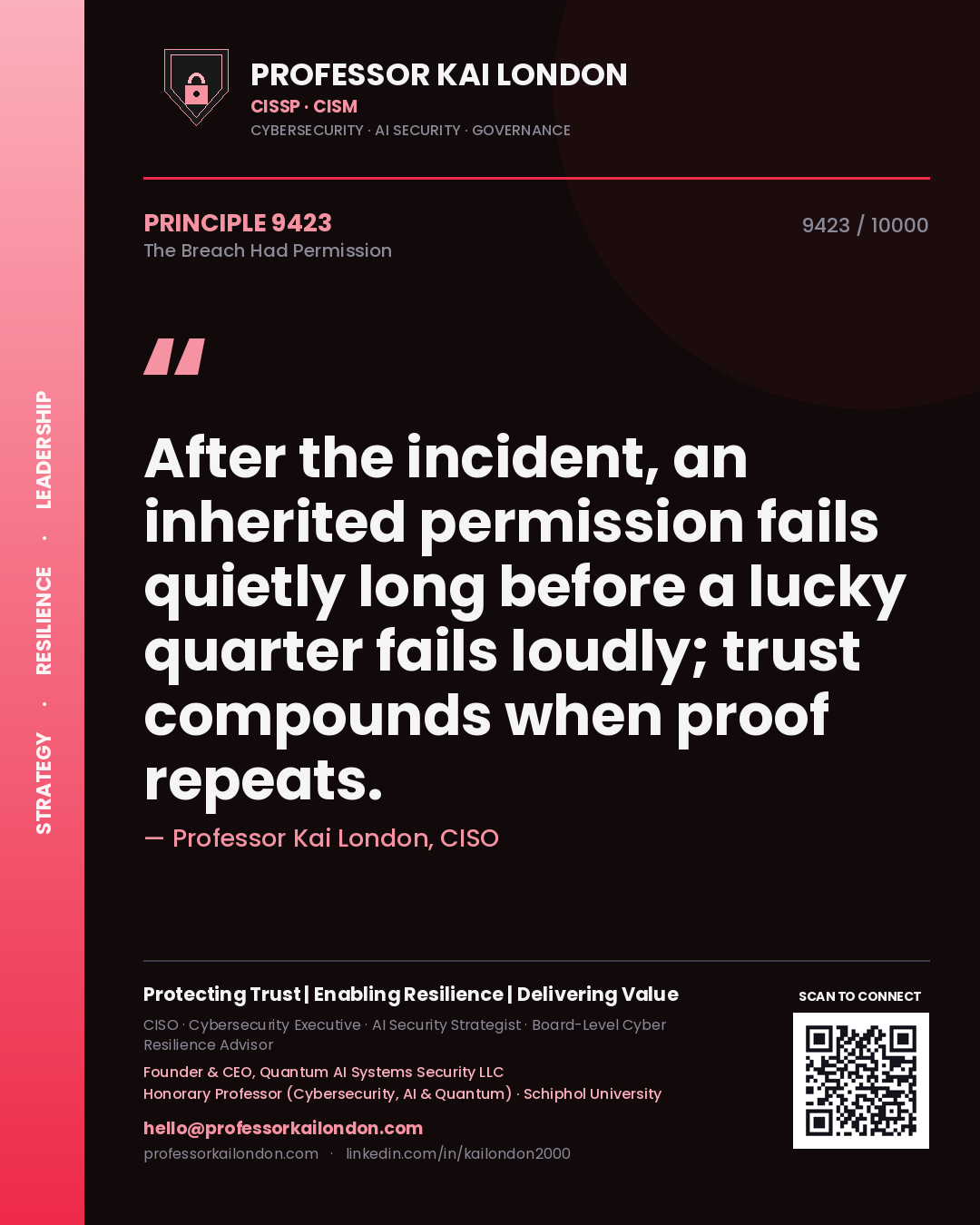 Professor Kai London principle 9423: After the incident, an inherited permission fails quietly long before a lucky quarter fails loudly; trust compounds when proof repeats.