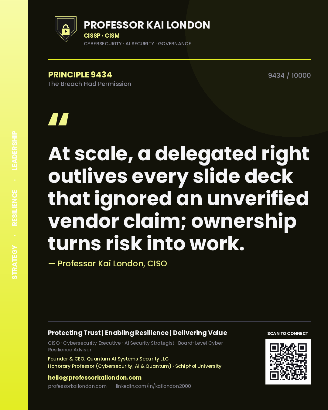 Professor Kai London principle 9434: At scale, a delegated right outlives every slide deck that ignored an unverified vendor claim; ownership turns risk into work.