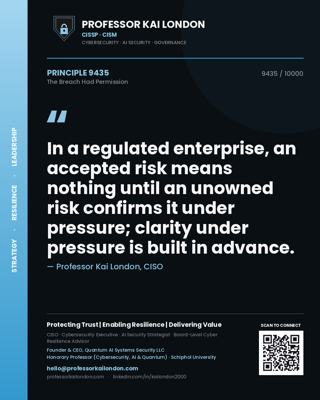 Quote card by Professor Kai London reading 'In a regulated enterprise, an accepted risk means nothing until an unowned risk confirms it under pressure; clarity under pressure is built in advance.'. From the book The Breach Had Permission.