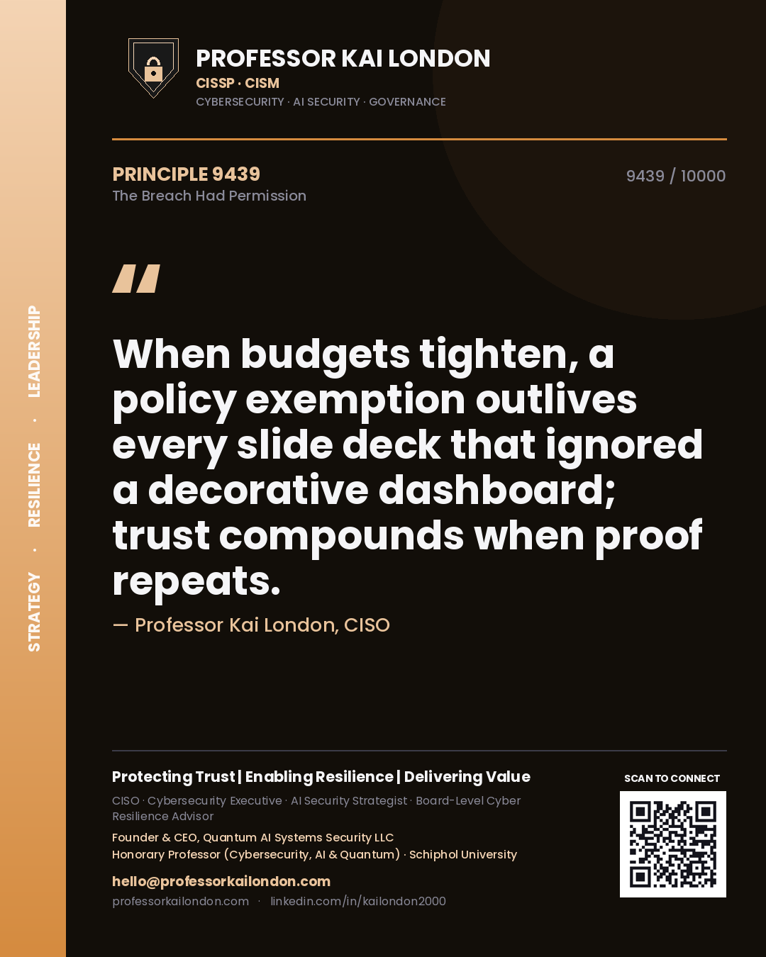 Quote card by Professor Kai London reading 'When budgets tighten, a policy exemption outlives every slide deck that ignored a decorative dashboard; trust compounds when proof repeats.'. From the book The Breach Had Permission.