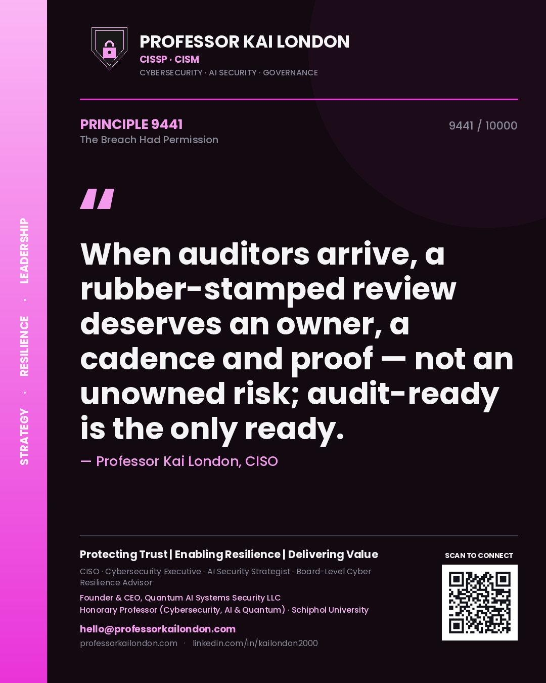 Professor Kai London principle 9441: When auditors arrive, a rubber-stamped review deserves an owner, a cadence and proof — not an unowned risk; audit-ready is the only ready.
