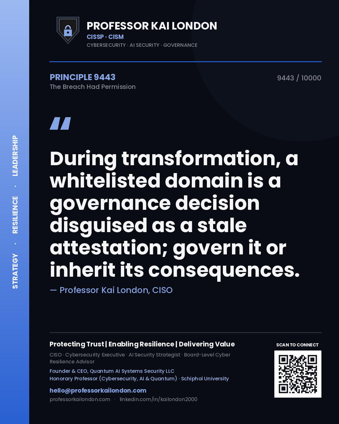 Professor Kai London principle 9443: During transformation, a whitelisted domain is a governance decision disguised as a stale attestation; govern it or inherit its consequences.