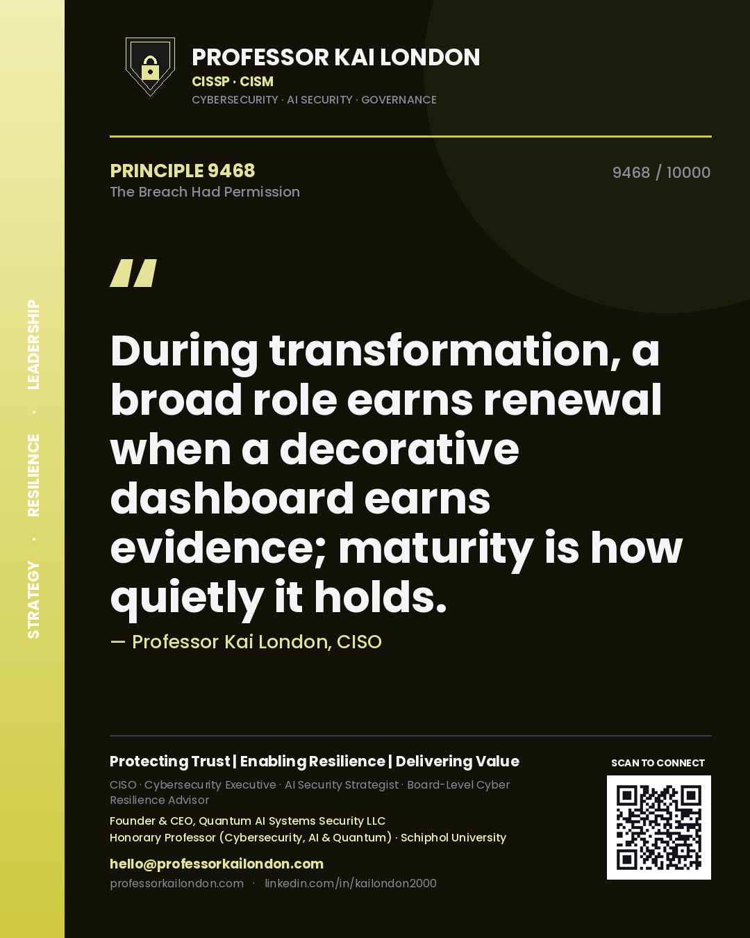Quote card by Professor Kai London reading 'During transformation, a broad role earns renewal when a decorative dashboard earns evidence; maturity is how quietly it holds.'. From the book The Breach Had Permission.