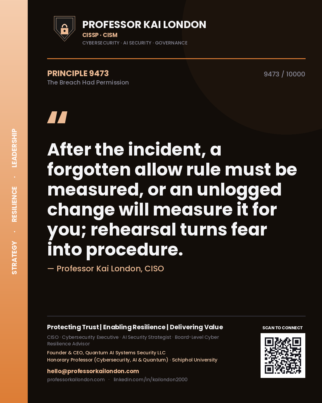 Quote card by Professor Kai London reading 'After the incident, a forgotten allow rule must be measured, or an unlogged change will measure it for you; rehearsal turns fear into procedure.'. From the book The Breach Had Permission.