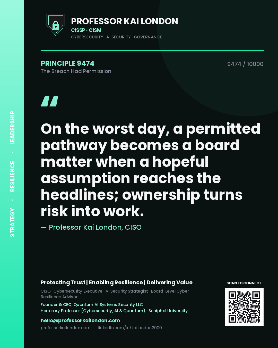 Professor Kai London principle 9474: On the worst day, a permitted pathway becomes a board matter when a hopeful assumption reaches the headlines; ownership turns risk into work.
