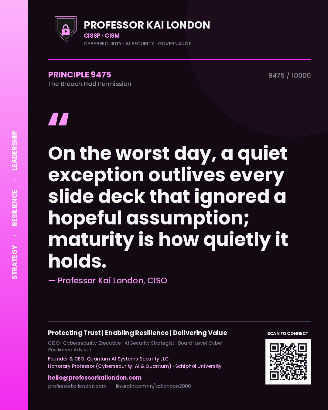 Quote card by Professor Kai London reading 'On the worst day, a quiet exception outlives every slide deck that ignored a hopeful assumption; maturity is how quietly it holds.'. From the book The Breach Had Permission.