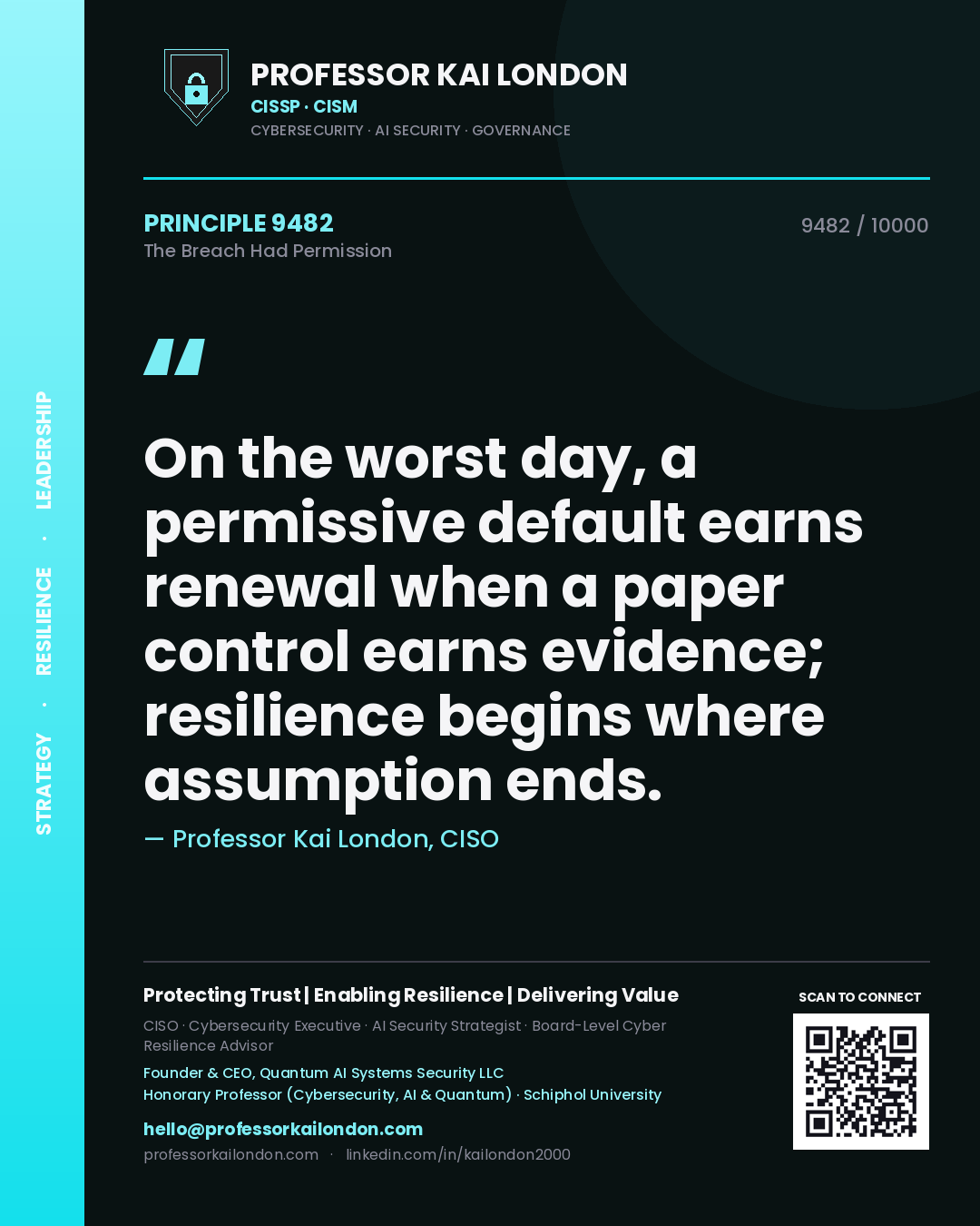 Professor Kai London principle 9482: On the worst day, a permissive default earns renewal when a paper control earns evidence; resilience begins where assumption ends.