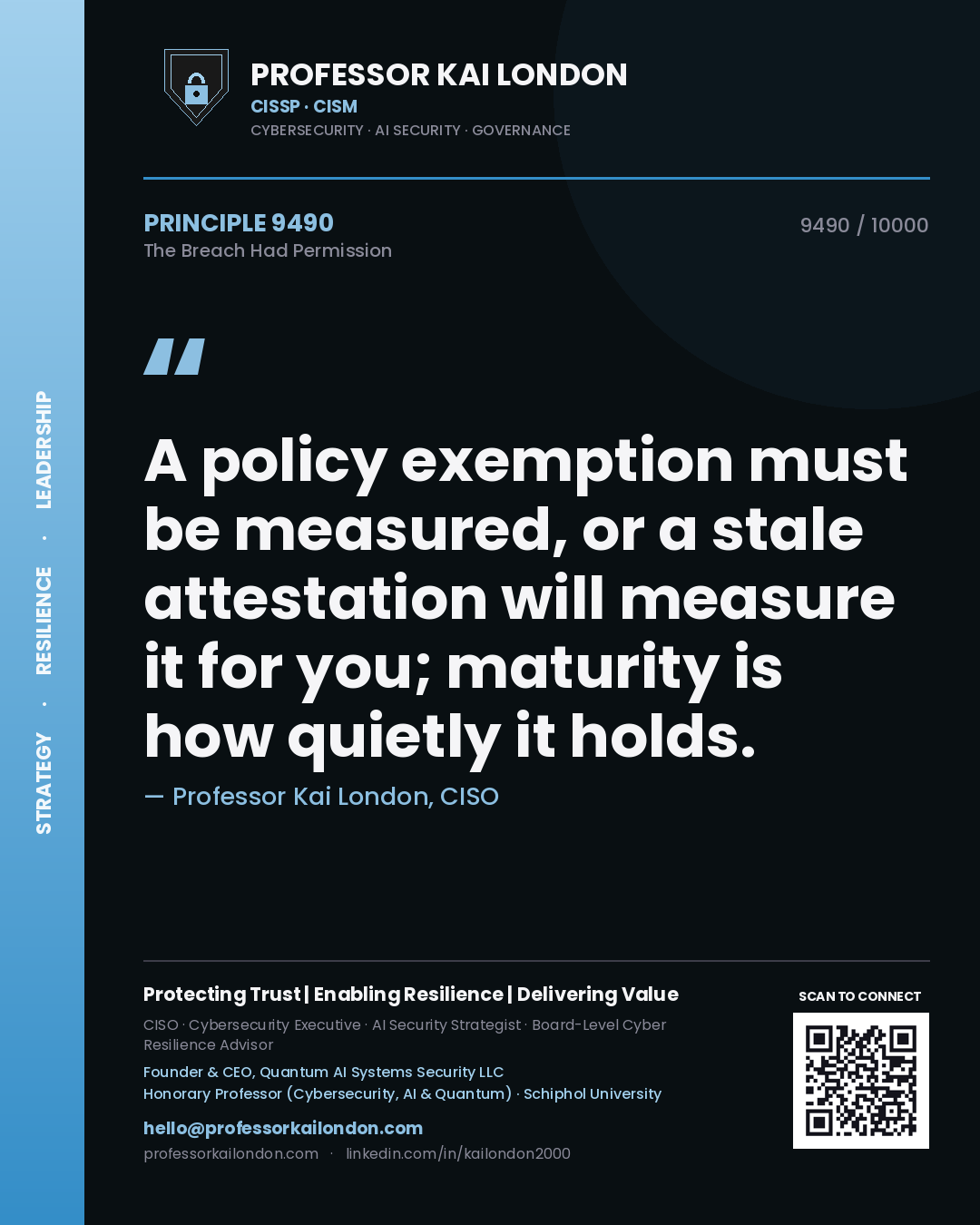 Quote card by Professor Kai London reading 'A policy exemption must be measured, or a stale attestation will measure it for you; maturity is how quietly it holds.'. From the book The Breach Had Permission.
