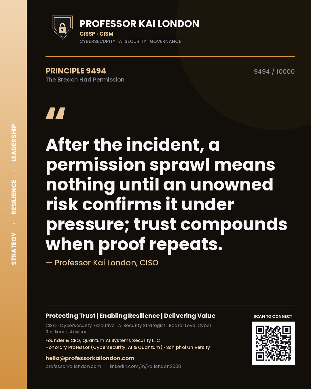 Professor Kai London principle 9494: After the incident, a permission sprawl means nothing until an unowned risk confirms it under pressure; trust compounds when proof repeats.