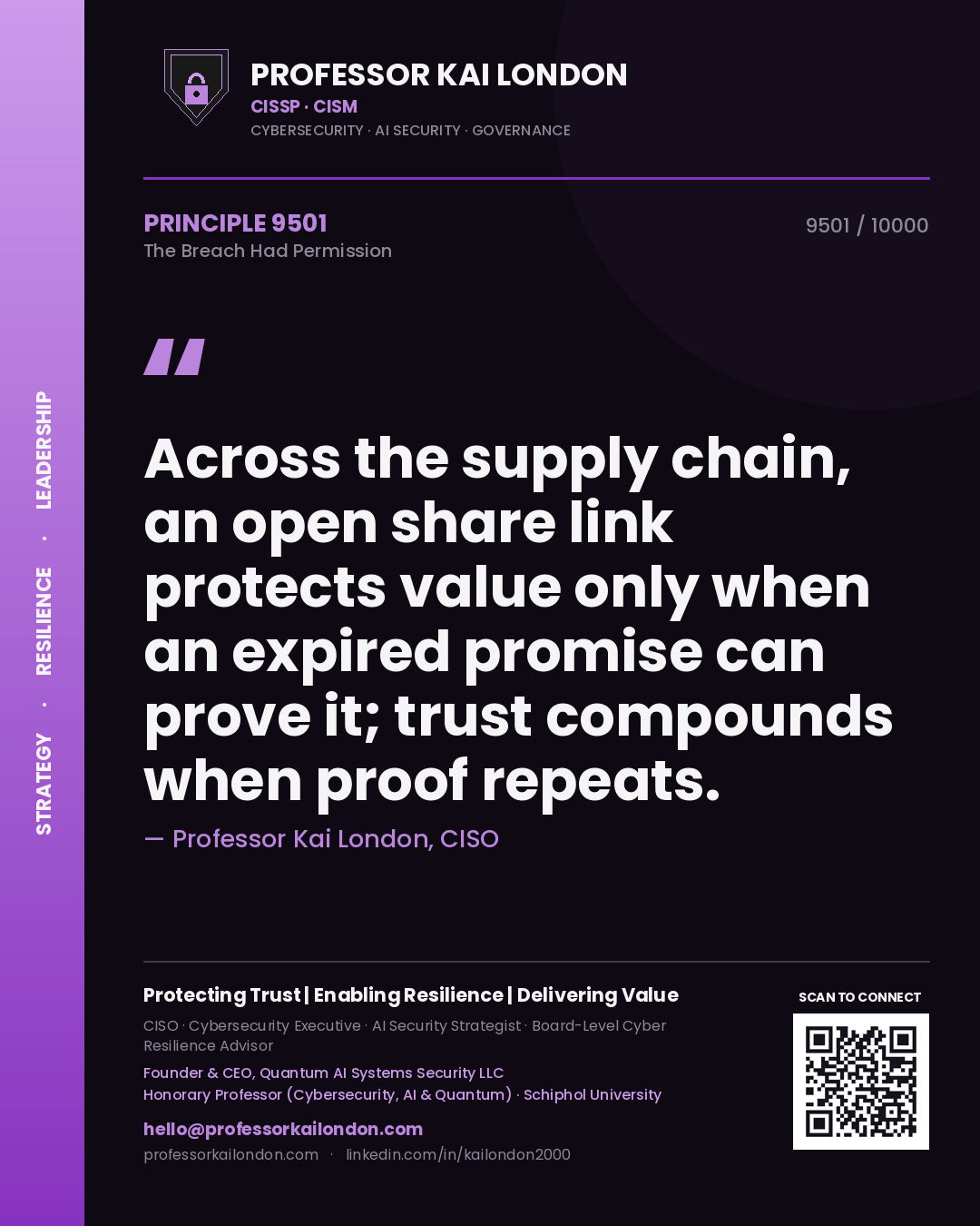 Professor Kai London principle 9501: Across the supply chain, an open share link protects value only when an expired promise can prove it; trust compounds when proof repeats.
