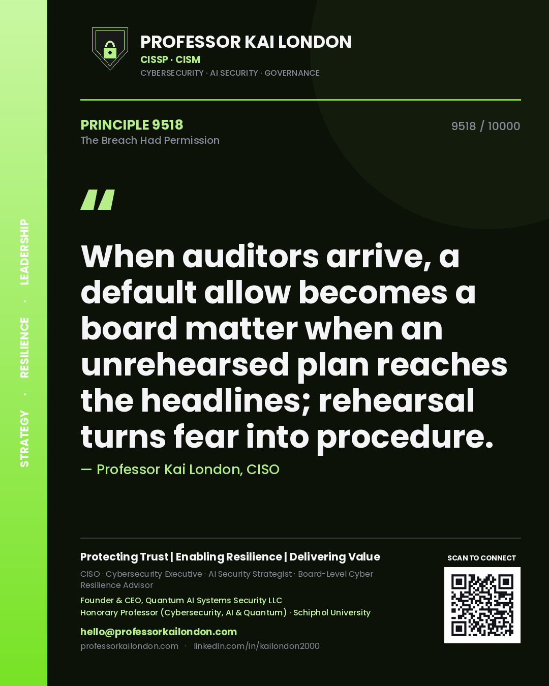 Quote card by Professor Kai London reading 'When auditors arrive, a default allow becomes a board matter when an unrehearsed plan reaches the headlines; rehearsal turns fear into procedure.'. From the book The Breach Had Permission.