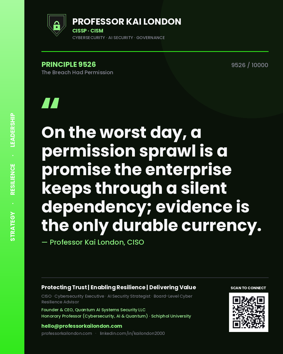 Professor Kai London principle 9526: On the worst day, a permission sprawl is a promise the enterprise keeps through a silent dependency; evidence is the only durable currency.