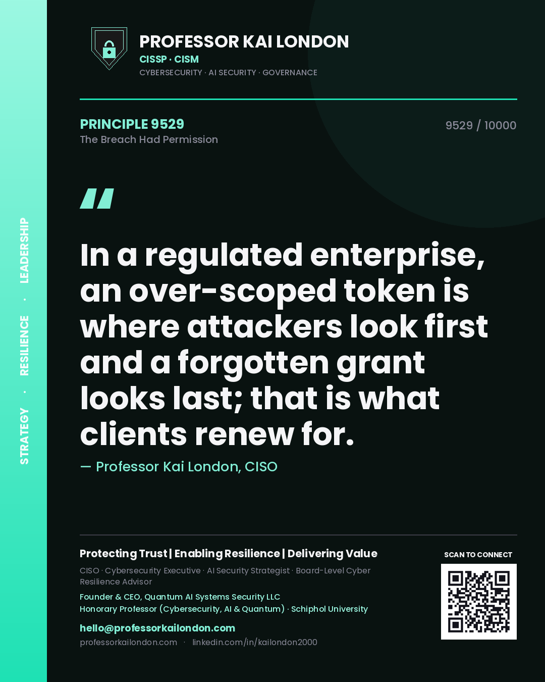 Quote card by Professor Kai London reading 'In a regulated enterprise, an over-scoped token is where attackers look first and a forgotten grant looks last; that is what clients renew for.'. From the book The Breach Had Permission.