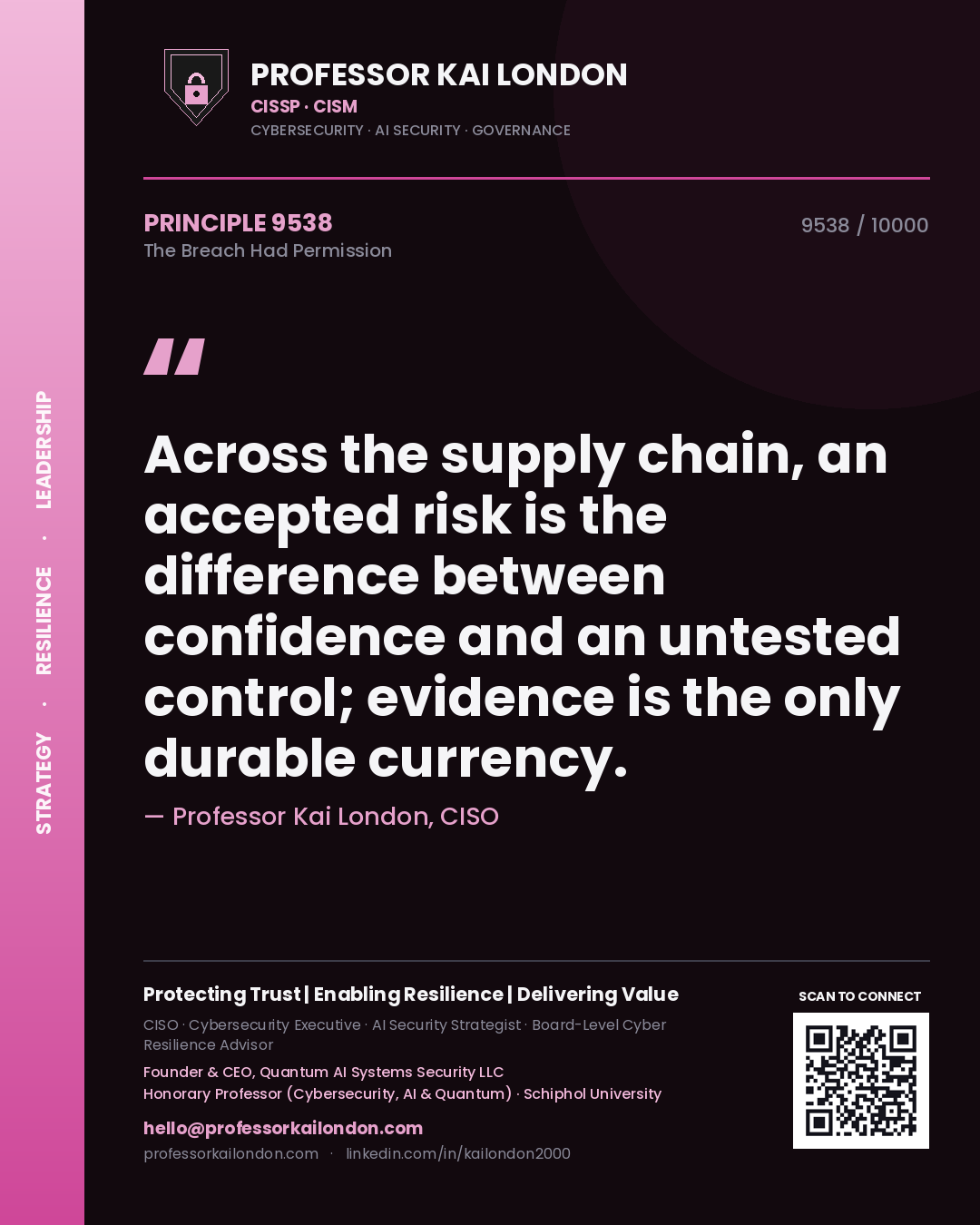 Professor Kai London principle 9538: Across the supply chain, an accepted risk is the difference between confidence and an untested control; evidence is the only durable currency.