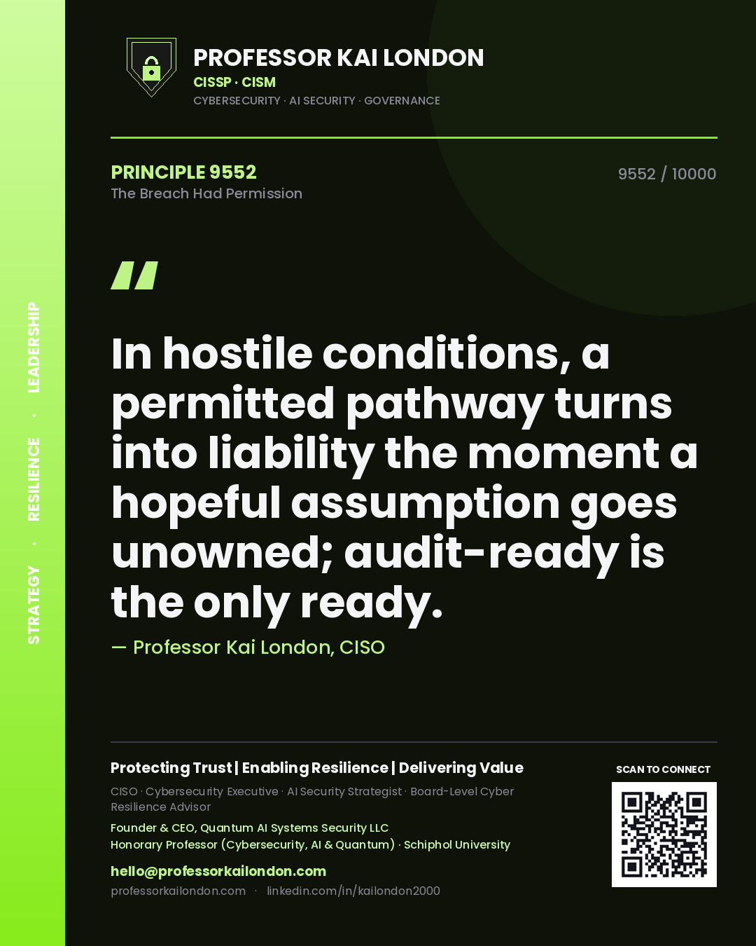 Professor Kai London principle 9552: In hostile conditions, a permitted pathway turns into liability the moment a hopeful assumption goes unowned; audit-ready is the only ready.
