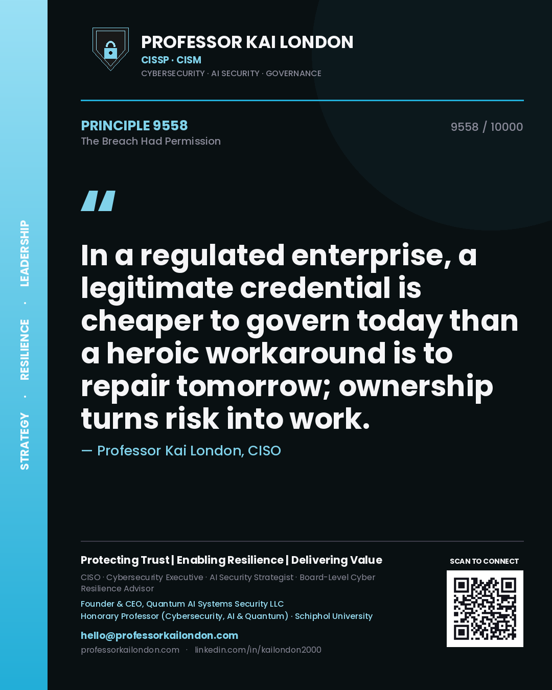 Quote card by Professor Kai London reading 'In a regulated enterprise, a legitimate credential is cheaper to govern today than a heroic workaround is to repair tomorrow; ownership turns risk into work.'. From the book The Breach Had Permission.