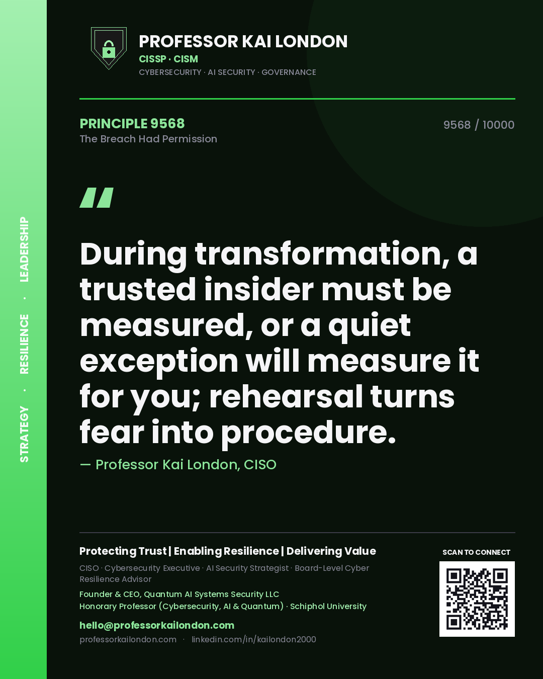 Professor Kai London principle 9568: During transformation, a trusted insider must be measured, or a quiet exception will measure it for you; rehearsal turns fear into procedure.