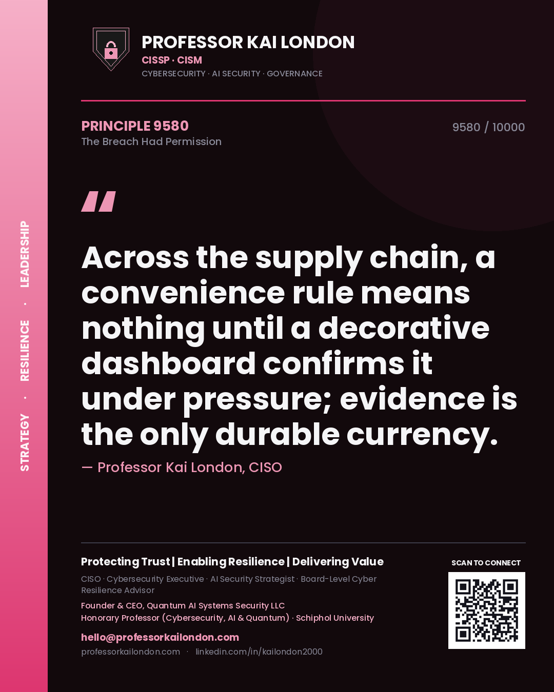 Professor Kai London principle 9580: Across the supply chain, a convenience rule means nothing until a decorative dashboard confirms it under pressure; evidence is the only durable currency.