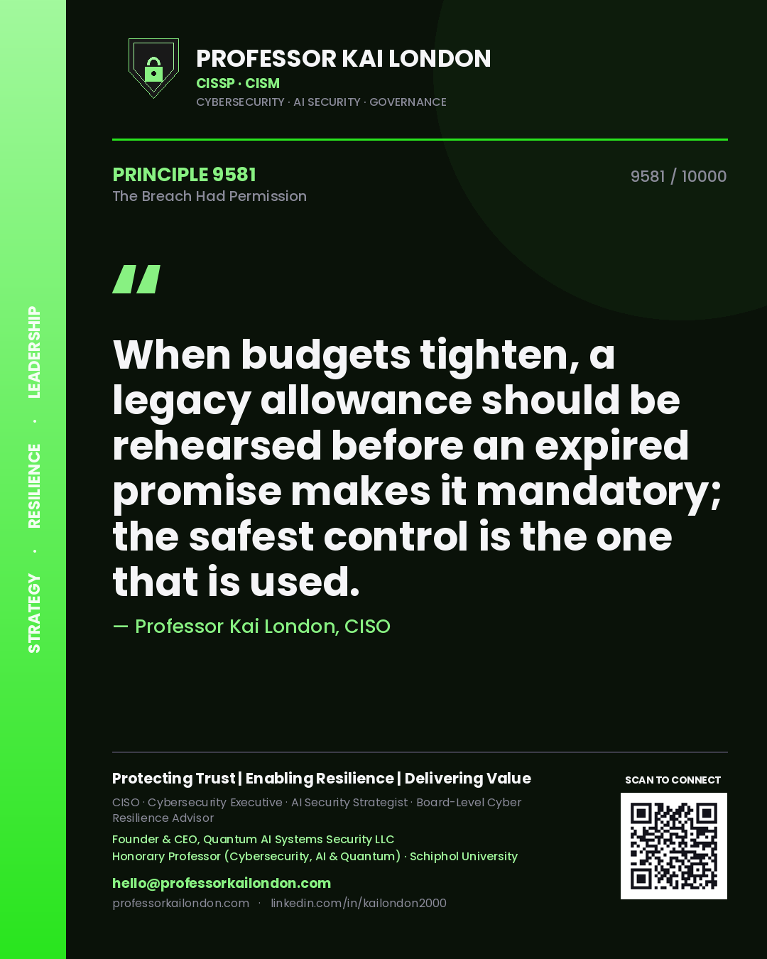 Professor Kai London principle 9581: When budgets tighten, a legacy allowance should be rehearsed before an expired promise makes it mandatory; the safest control is the one that is used.
