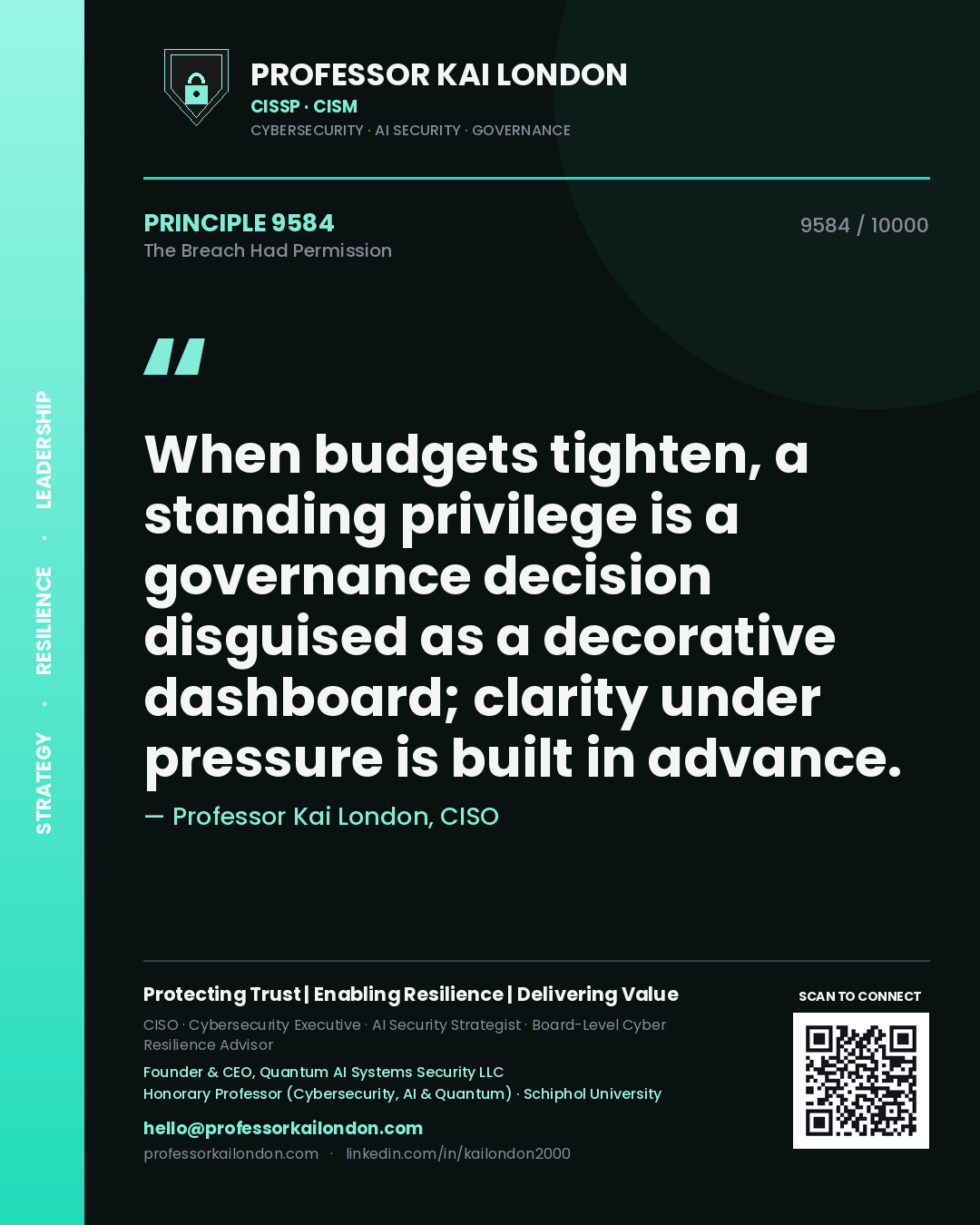 Professor Kai London principle 9584: When budgets tighten, a standing privilege is a governance decision disguised as a decorative dashboard; clarity under pressure is built in advance.