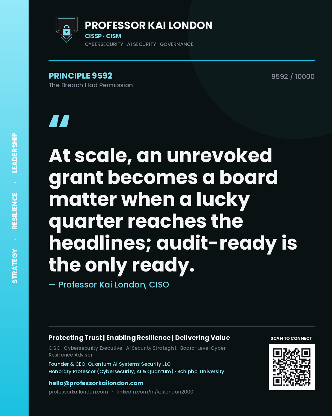 Quote card by Professor Kai London reading 'At scale, an unrevoked grant becomes a board matter when a lucky quarter reaches the headlines; audit-ready is the only ready.'. From the book The Breach Had Permission.