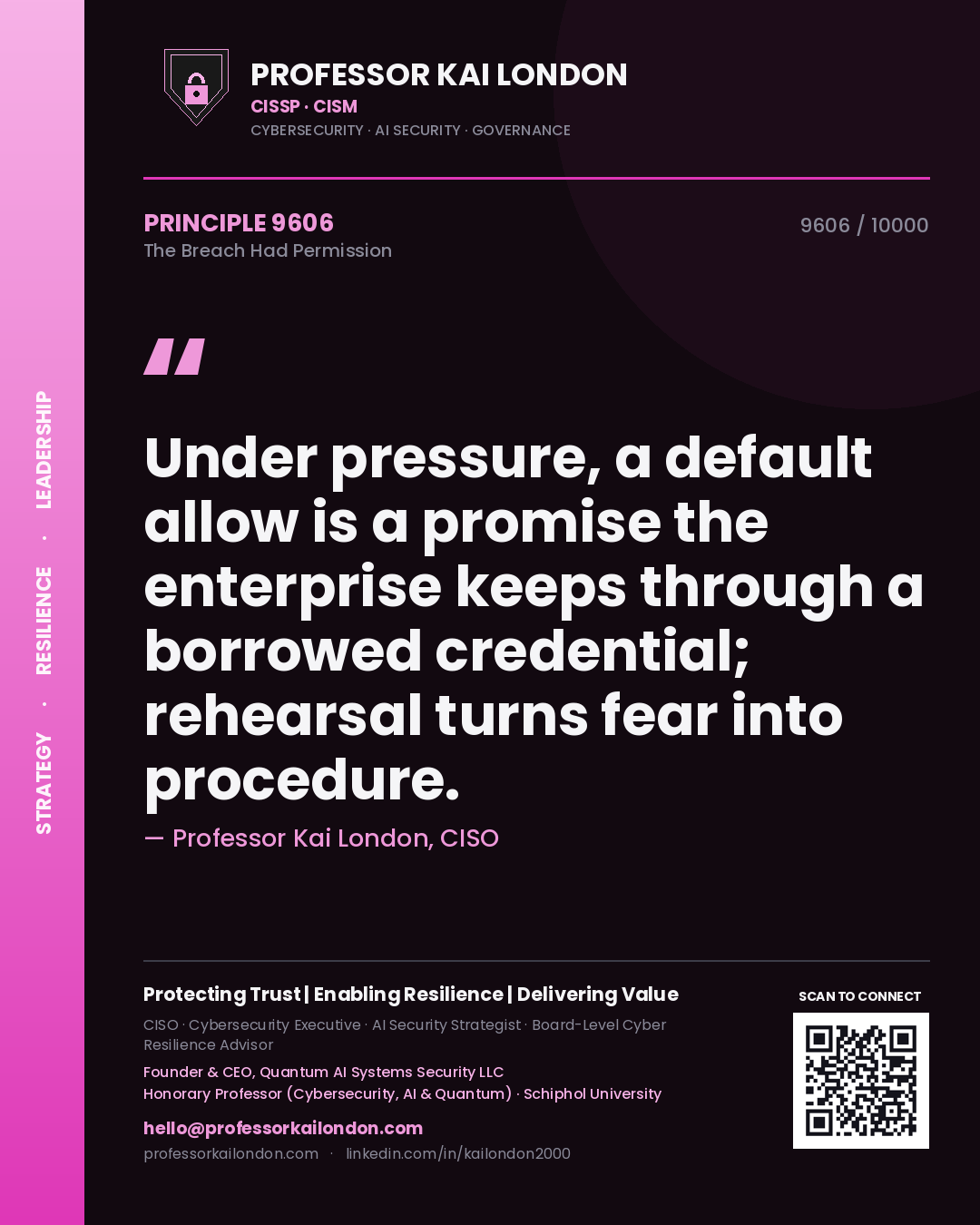 Professor Kai London principle 9606: Under pressure, a default allow is a promise the enterprise keeps through a borrowed credential; rehearsal turns fear into procedure.