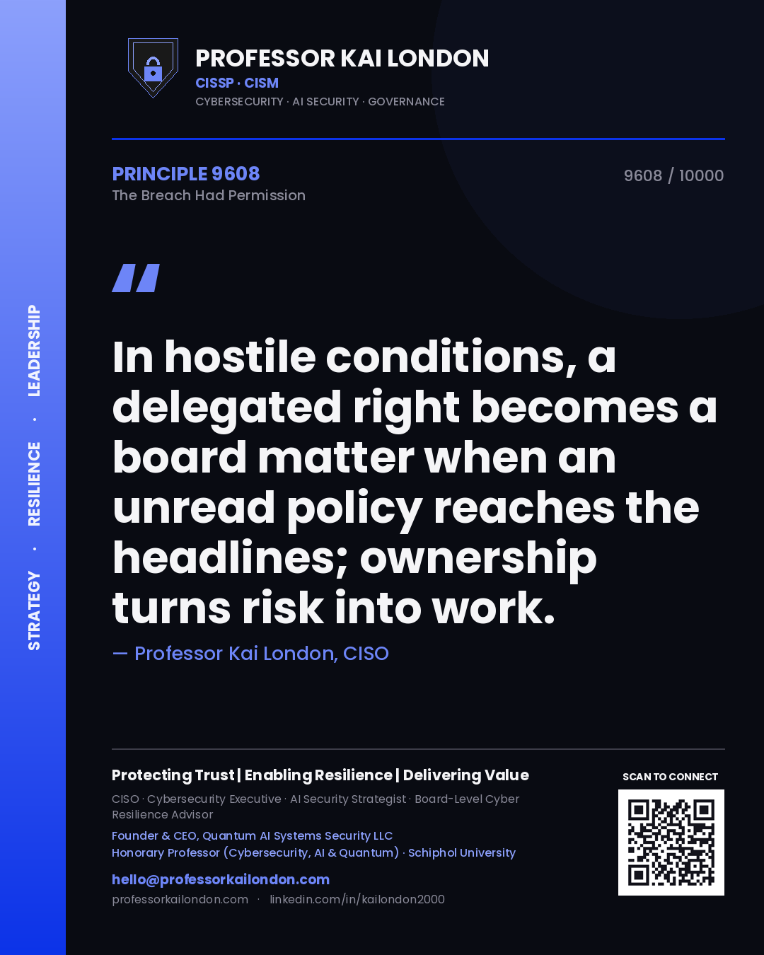 Professor Kai London principle 9608: In hostile conditions, a delegated right becomes a board matter when an unread policy reaches the headlines; ownership turns risk into work.