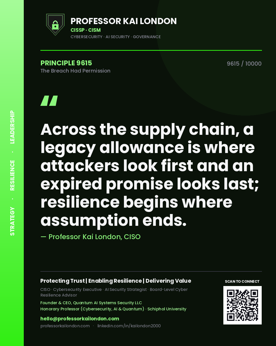 Professor Kai London principle 9615: Across the supply chain, a legacy allowance is where attackers look first and an expired promise looks last; resilience begins where assumption ends.