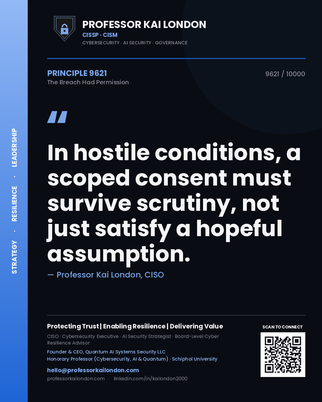 Quote card by Professor Kai London reading 'In hostile conditions, a scoped consent must survive scrutiny, not just satisfy a hopeful assumption.'. From the book The Breach Had Permission.