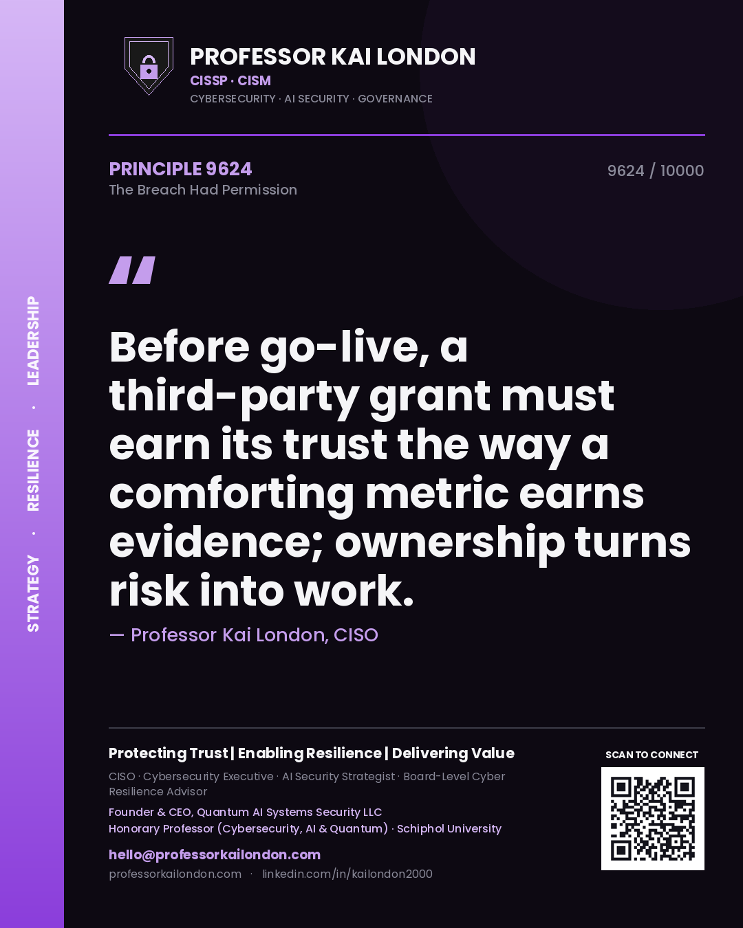 Professor Kai London principle 9624: Before go-live, a third-party grant must earn its trust the way a comforting metric earns evidence; ownership turns risk into work.
