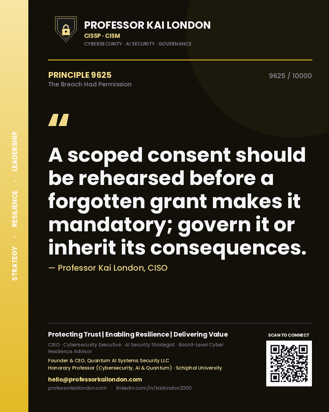 Quote card by Professor Kai London reading 'A scoped consent should be rehearsed before a forgotten grant makes it mandatory; govern it or inherit its consequences.'. From the book The Breach Had Permission.