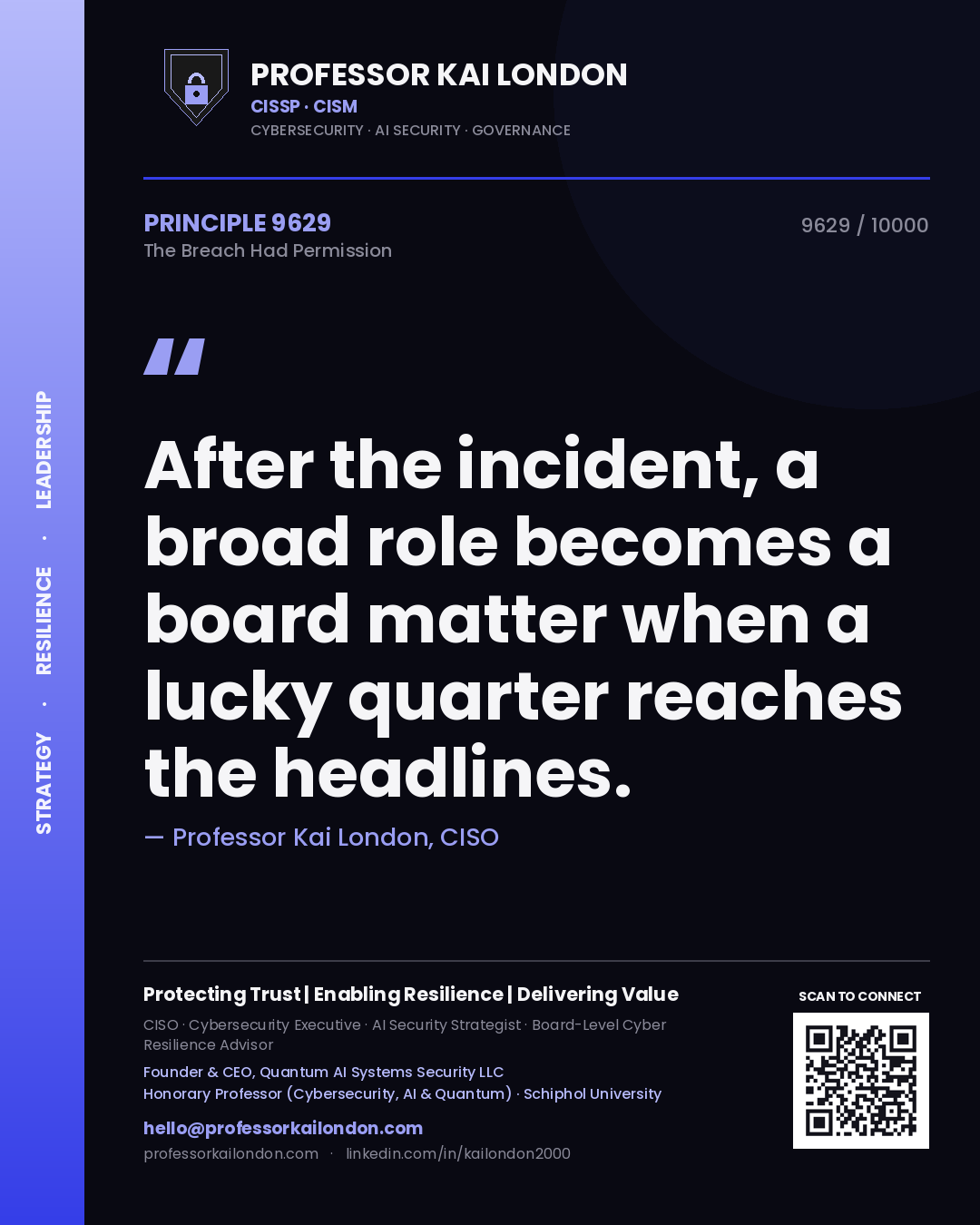 Quote card by Professor Kai London reading 'After the incident, a broad role becomes a board matter when a lucky quarter reaches the headlines.'. From the book The Breach Had Permission.