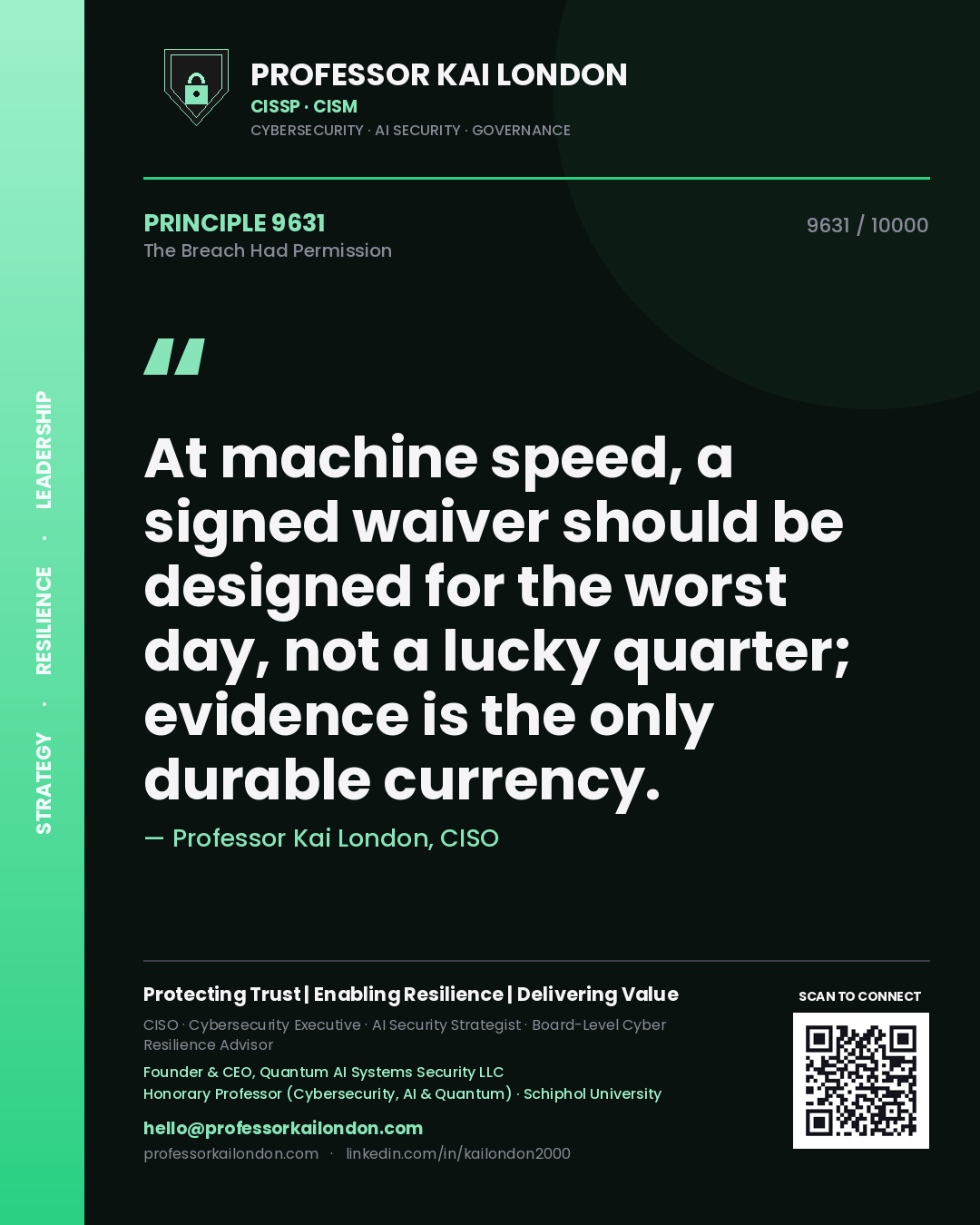 Professor Kai London principle 9631: At machine speed, a signed waiver should be designed for the worst day, not a lucky quarter; evidence is the only durable currency.