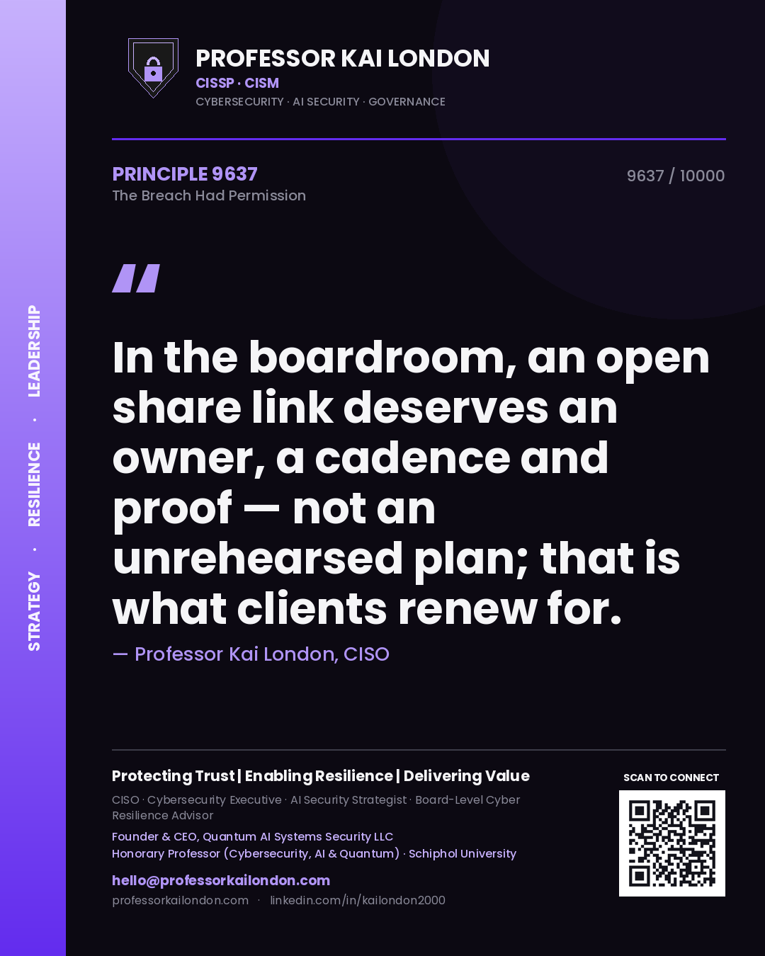 Professor Kai London principle 9637: In the boardroom, an open share link deserves an owner, a cadence and proof — not an unrehearsed plan; that is what clients renew for.