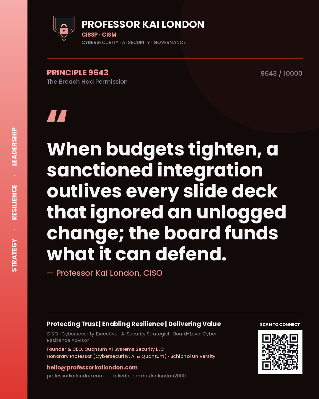 Quote card by Professor Kai London reading 'When budgets tighten, a sanctioned integration outlives every slide deck that ignored an unlogged change; the board funds what it can defend.'. From the book The Breach Had Permission.