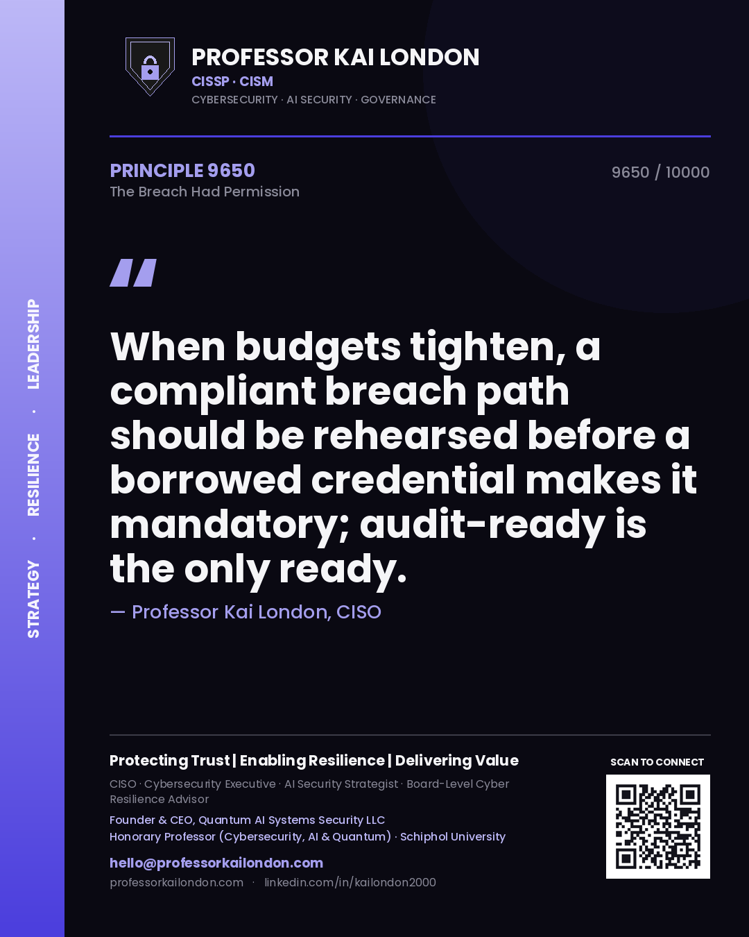 Quote card by Professor Kai London reading 'When budgets tighten, a compliant breach path should be rehearsed before a borrowed credential makes it mandatory; audit-ready is the only ready.'. From the book The Breach Had Permission.