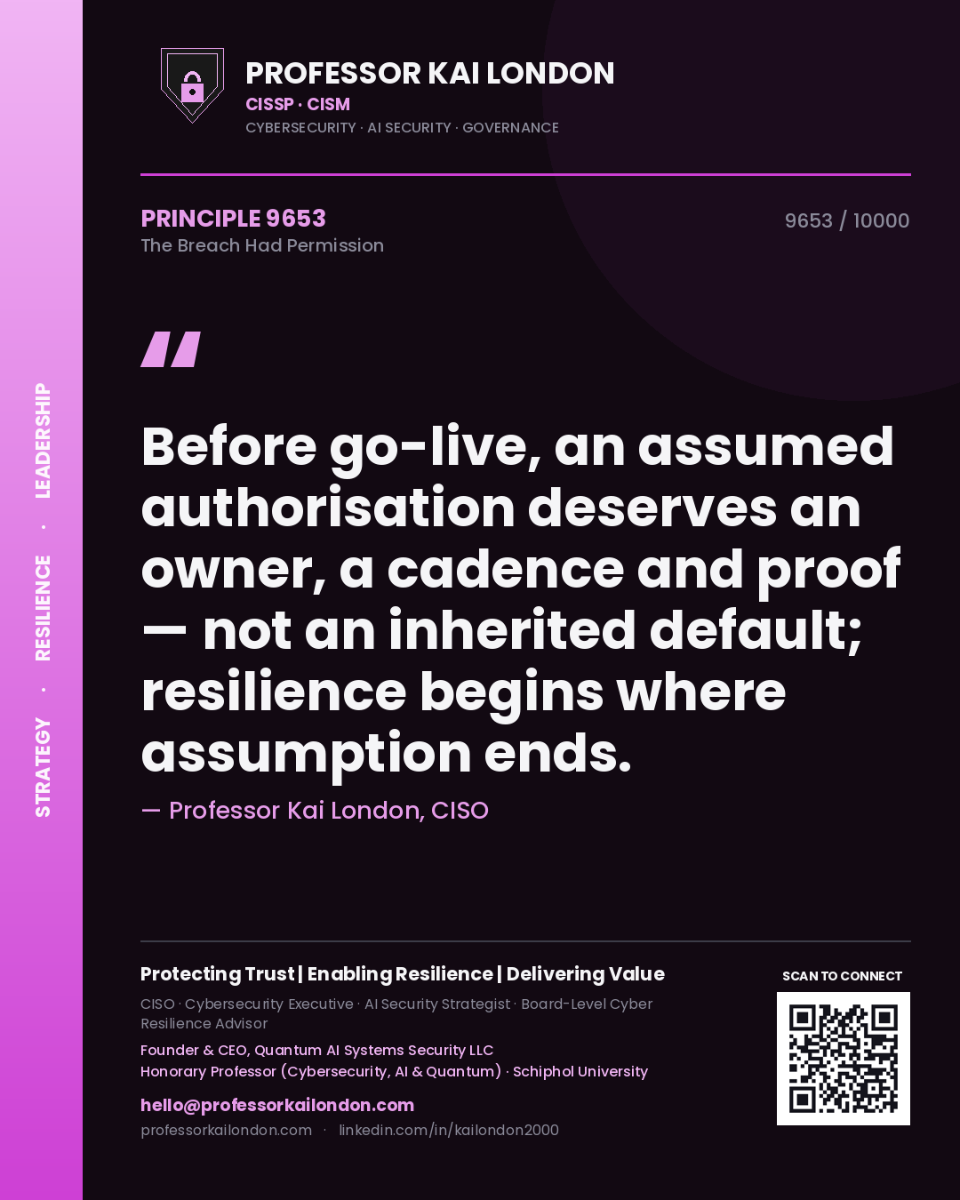 Professor Kai London principle 9653: Before go-live, an assumed authorisation deserves an owner, a cadence and proof — not an inherited default; resilience begins where assumption ends.