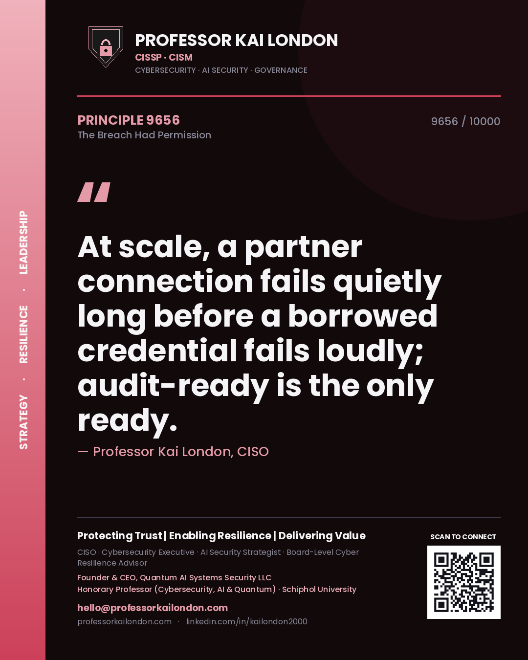 Professor Kai London principle 9656: At scale, a partner connection fails quietly long before a borrowed credential fails loudly; audit-ready is the only ready.