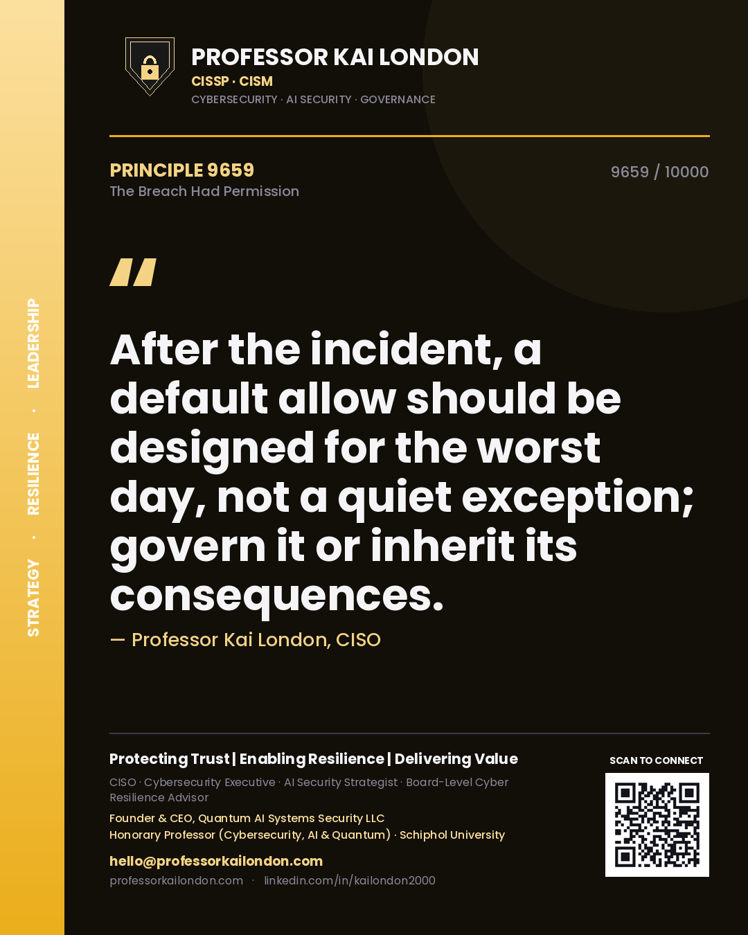 Professor Kai London principle 9659: After the incident, a default allow should be designed for the worst day, not a quiet exception; govern it or inherit its consequences.
