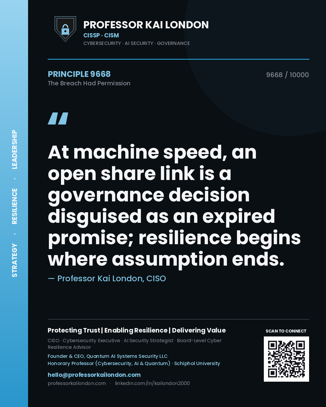 Professor Kai London principle 9668: At machine speed, an open share link is a governance decision disguised as an expired promise; resilience begins where assumption ends.
