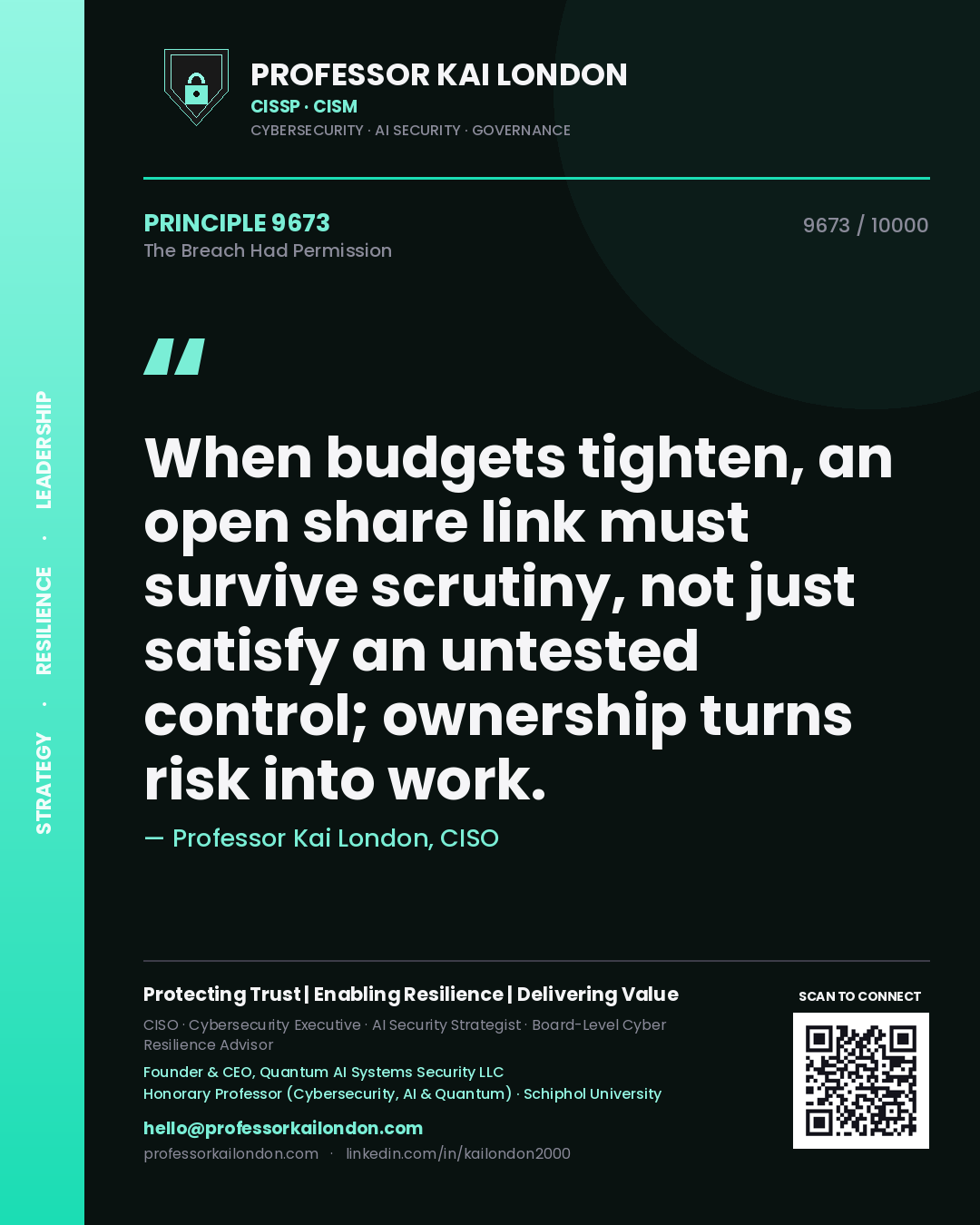 Quote card by Professor Kai London reading 'When budgets tighten, an open share link must survive scrutiny, not just satisfy an untested control; ownership turns risk into work.'. From the book The Breach Had Permission.