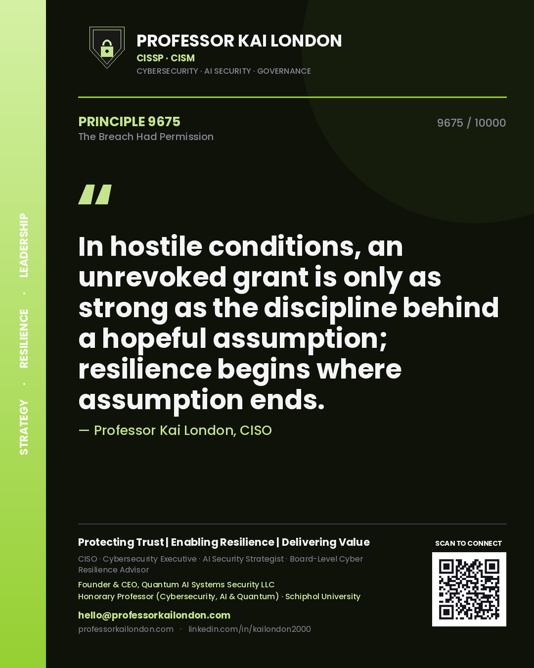 Quote card by Professor Kai London reading 'In hostile conditions, an unrevoked grant is only as strong as the discipline behind a hopeful assumption; resilience begins where assumption ends.'. From the book The Breach Had Permission.