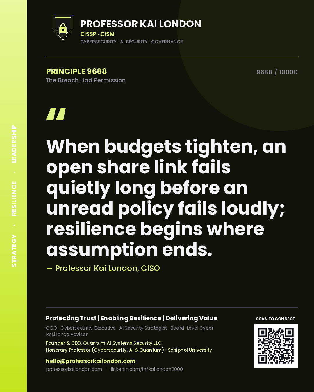 Quote card by Professor Kai London reading 'When budgets tighten, an open share link fails quietly long before an unread policy fails loudly; resilience begins where assumption ends.'. From the book The Breach Had Permission.