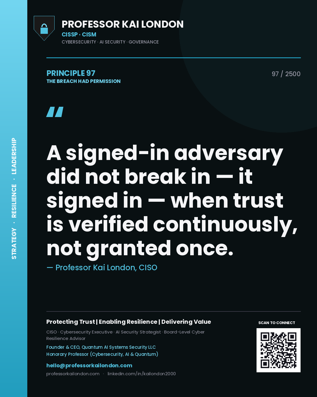 Quote card by Professor Kai London reading 'A signed-in adversary did not break in — it signed in — when trust is verified continuously, not granted once.'. From the book The Breach Had Permission.