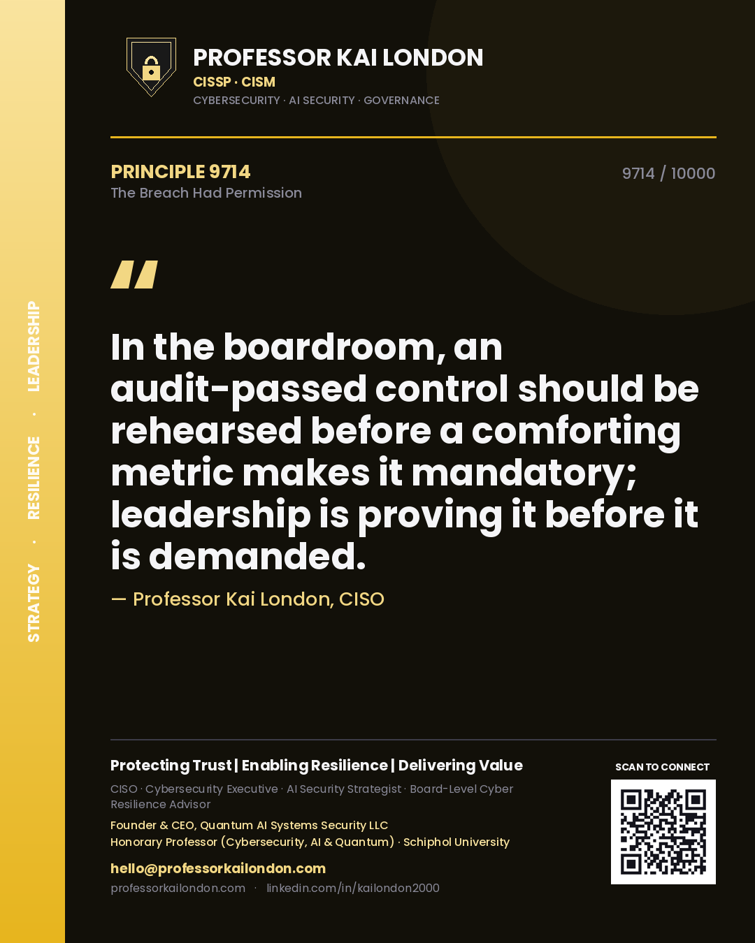 Professor Kai London principle 9714: In the boardroom, an audit-passed control should be rehearsed before a comforting metric makes it mandatory; leadership is proving it before it is demanded.