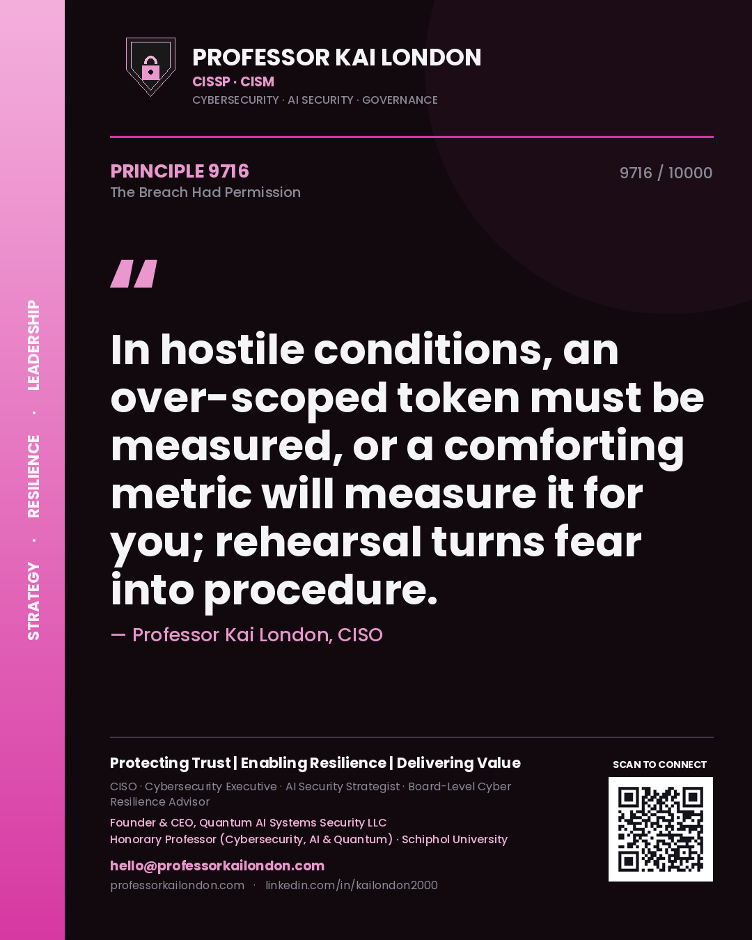 Professor Kai London principle 9716: In hostile conditions, an over-scoped token must be measured, or a comforting metric will measure it for you; rehearsal turns fear into procedure.