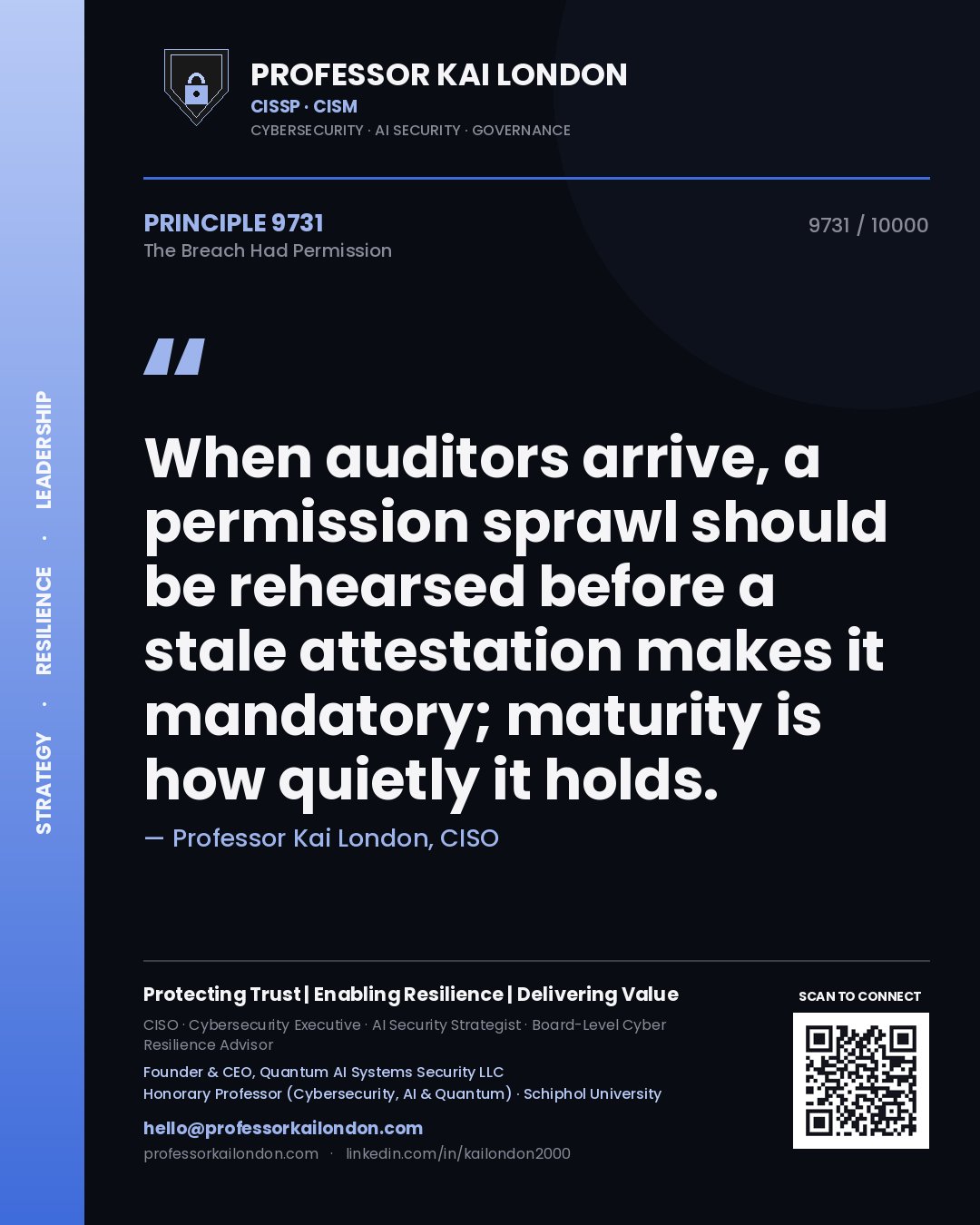 Professor Kai London principle 9731: When auditors arrive, a permission sprawl should be rehearsed before a stale attestation makes it mandatory; maturity is how quietly it holds.