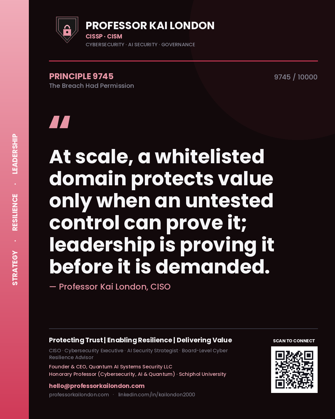 Quote card by Professor Kai London reading 'At scale, a whitelisted domain protects value only when an untested control can prove it; leadership is proving it before it is demanded.'. From the book The Breach Had Permission.