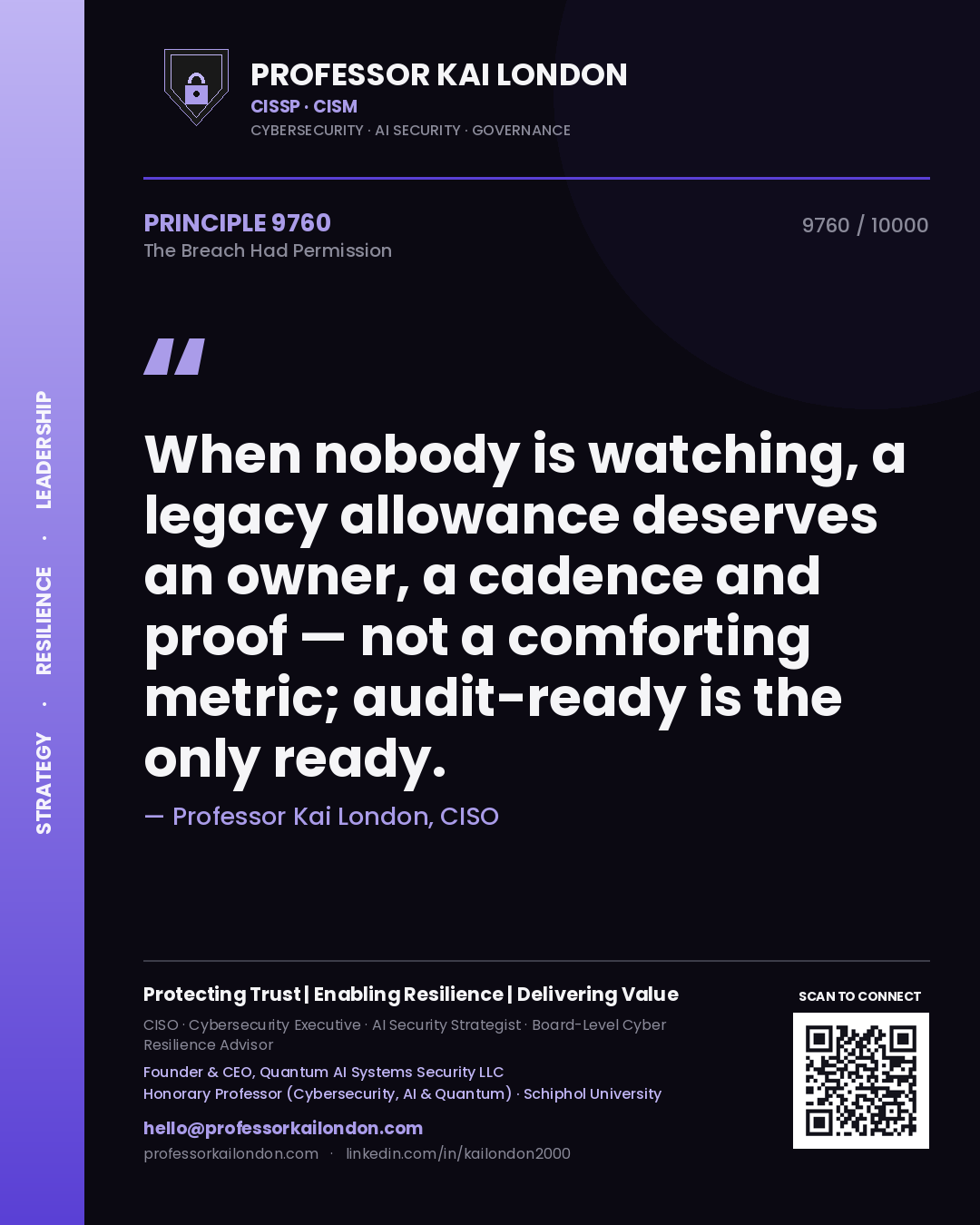 Professor Kai London principle 9760: When nobody is watching, a legacy allowance deserves an owner, a cadence and proof — not a comforting metric; audit-ready is the only ready.